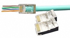 Разъем PLEZ-8P8C-U-C6-SH-100 экранированный, универсальный (для одножильного и многожильного кабеля) Hyperline