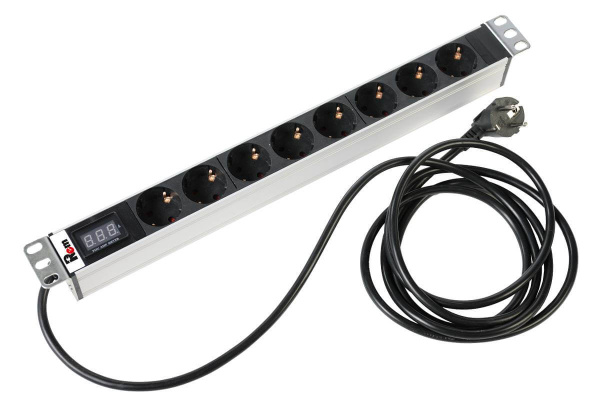 Блок розеток R-16-8S-Am-440-3 Rem-16 с амперметром, 8 Schuko, 16A, алюм., 19", шнур 3 м REM